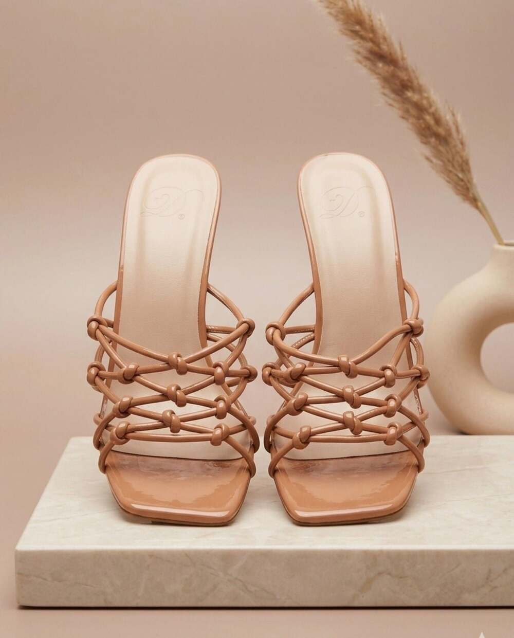 Delicious Esquire-S Knotted Multi-Strap Camel Patent Mule Heels